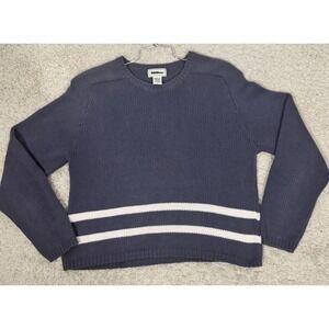 LL Bean Chunky Knit Gray 100% Cotton Pullover Sweater Women's M Striped Classic